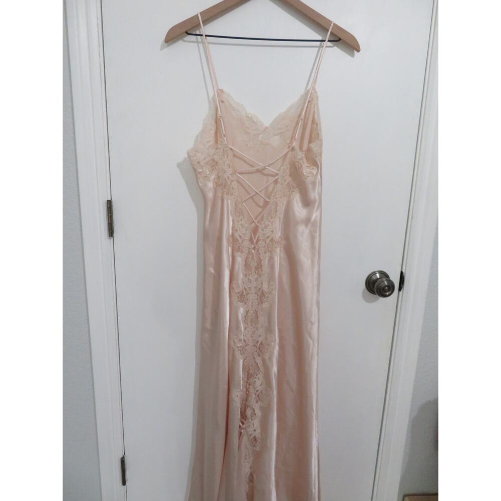 Victoria's Secret Sz M Champagne Pink Vintage Satin Lace Trim Maxi Dress Slip - Picture 2 of 8